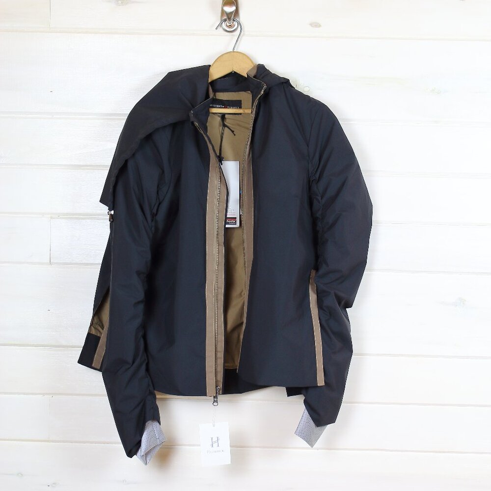 Elizabeth Roberts ruched black rain jacket flared ruched size large